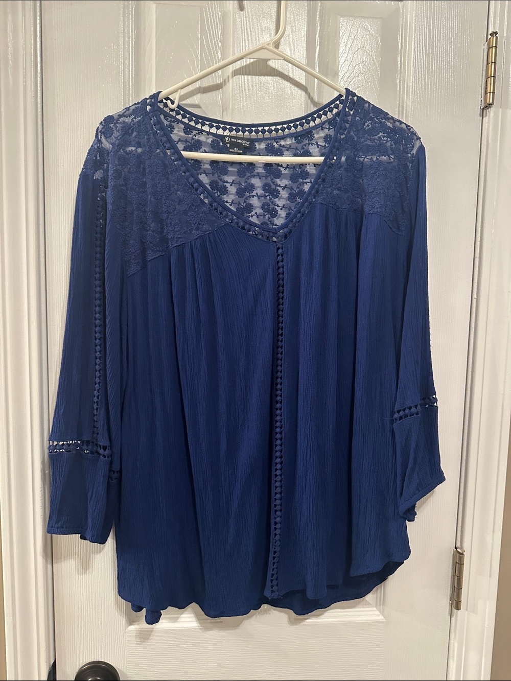 new directions Navy Lace Yoke V-Neck Peasant Blouse